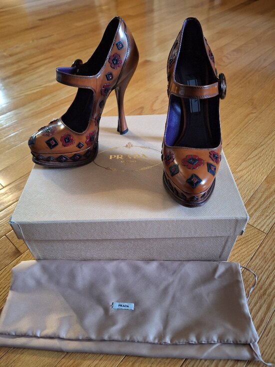 Prada Shoes - Prada platform heel with strap and flower detailing, cognac